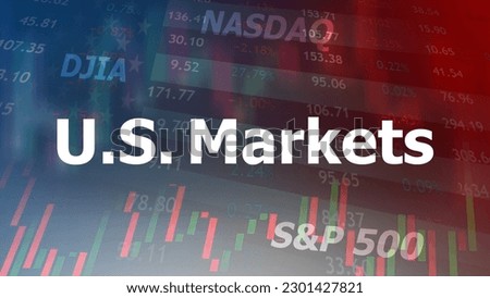 U.S. Markets, trading screen background. The graph of candlestick, price quotation, and United States flag. Stock trading and financial market concepts.