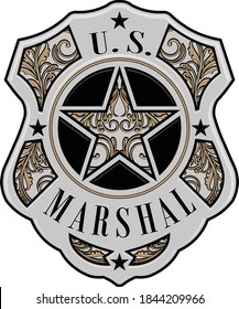 U.S. Marshal shiny shield badge illustration with star in the middle in color, gold, silver gray and black. Illustrator eps vector graphic design.