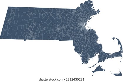 US Massachusetts State Map with Census Tracts Boundaries