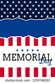 US Memorial Day celebration background banner or greeting card, with text and USA flag elements. Vector design EPS10.