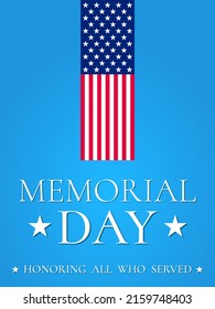 US Memorial Day celebration background banner or greeting card, with text and USA flag elements. Vector design EPS10.