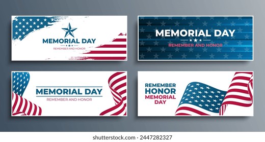 US Memorial Day celebration set. Horizontal banners with waving American flag, hand lettering and brush strokes. American national holiday. Vector illustration.