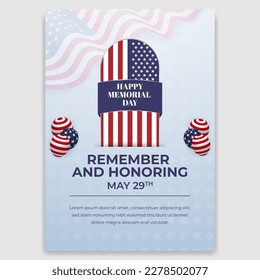 US Memorial Day May 29th flyer design with tombstone and flag pattern illustration