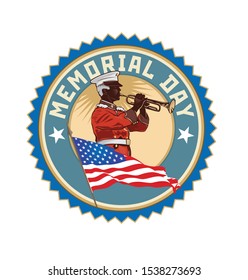 US Memorial Day. Military trumpeter and flag in round sign. Isolated vector icon.