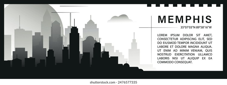 US Memphis skyline vector banner, black and white minimalistic cityscape silhouette. USA Tennessee state horizontal graphic, travel infographic, monochrome layout for website