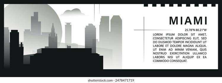 US Miami skyline vector banner, black and white minimalistic cityscape silhouette. USA Florida state horizontal graphic, travel infographic, monochrome layout for website