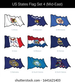 US Mid East States Flag Set. The set includes the waving flags of Illinois, Wisconsin, Minnesota, Iowa, Missouri, Kansas, Nebraska, South n North Dakota. Vector Icons all elements neatly on Layers