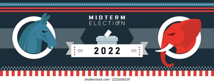 US Midterm Election 2022 Banner Background. American Election Campaign Between Democrats And Republicans. Electoral Symbols Of Political Parties. Red Blue Contest. Senate And House Of Representatives.