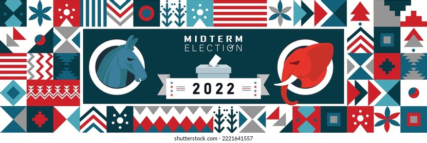 US Midterm Election 2022 Banner Background. Election Campaign Between Democrats And Republicans. Electoral Symbols Of Political Parties. Red Blue Contest. American Senate And House Of Representatives.