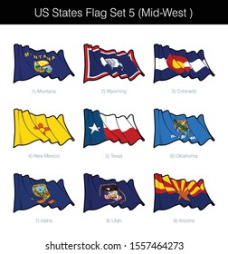 US Mid-West States Flag Set. The set includes the waving flags of Montana, Wyoming, Colorado, New Mexico, Texas, Oklahoma, Idaho, Utah and Arizona. Vector Icons all elements neatly on Layers