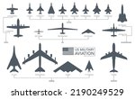 US military aircrafts icon set. Fighters and bombers silhouette on white background. Vector illustration