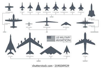 US military aircrafts icon set. Fighters and bombers silhouette on white background. Vector illustration