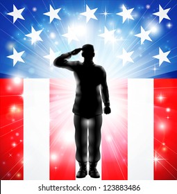 A US military armed forces soldier in silhouette saluting in front of an American flag background