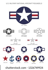 U.S. Military National Aircraft Star Roundels, insignias from 1916 to present, isolated vector illustration