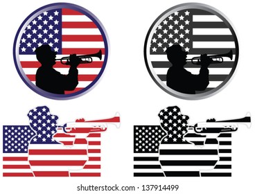 A US Military Soldier In Silhouette Play Trumpet In Front Of An American Flag Background