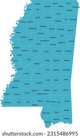 US Mississippi county map with 82 Counties’ Names and Boundaries, all text in one layer could be hidden.