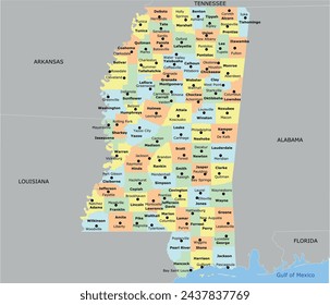 US Mississippi State Map con 82 condados