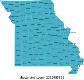 Mapa del condado de Misuri, EE. UU., con 115 Condados de Nombres y Límites, todo el texto en una capa podría estar oculto.