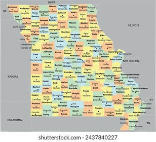 US Missouri State Map with 114 counties and 1 independent city