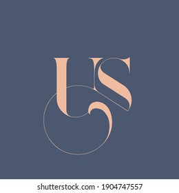 US monogram logo. Abstract typographic deco signature icon. Letter u and letter s. Lettering sign isolated on dark fund. Serif alphabet initials.Blush pink wedding uppercase characters and swirl element.