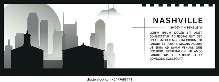 US Nashville skyline vector banner, black and white minimalistic cityscape silhouette. USA Tennessee state horizontal graphic, travel infographic, monochrome layout for website