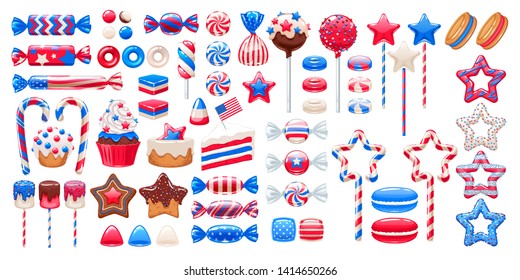 US national holiday sweets set - marshmallow, candy, dragee, cake pop, jelly, peppermint candy, chocolate cookies, cupcakes. Stars and stripes. 4 july, Independence Day, Labor day, Presidents day and 