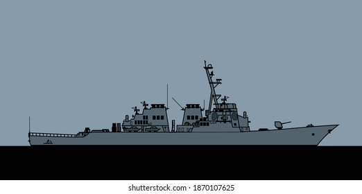 US Navy Arleigh Burke-class guided missile destroyer. Vector image for illustrations and infographics.