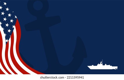 U.S. Navy Birthday Background With War Ship Icon And Blue Color. Suitable To Use On U.S. Navy Birthday Event