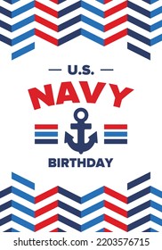 U.S. NAVY birthday. Holiday in United States. American Navy - naval warfare branch of the Armed Forces. Celebrated annual in October 13. Anchor symbol. Patriotic elements. Poster, card, banner. Vector