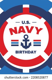 U.S. NAVY birthday. Holiday in United States. American Navy - naval warfare branch of the Armed Forces. Celebrated annual in October 13. Anchor symbol. Patriotic elements. Poster, card, banner. Vector