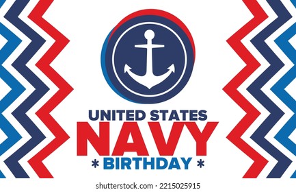 cumpleaños de la NAVY de EEUU. Vacaciones en Estados Unidos. Marina norteamericana - rama de guerra naval de las Fuerzas Armadas. Celebrado anualmente el 13 de octubre. Símbolo de delimitador. Elementos patrióticos. Cartel, tarjeta, pancarta. Vector