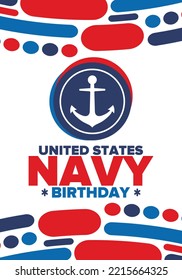 US NAVY Geburtstag. Urlaub in den Vereinigten Staaten. Amerikanische Marine - Marinekrieg der Streitkräfte. Jährlich gefeiert am 13. Oktober. Ankersymbol. Patriotische Elemente. Poster, Karte, Banner. Vektorgrafik