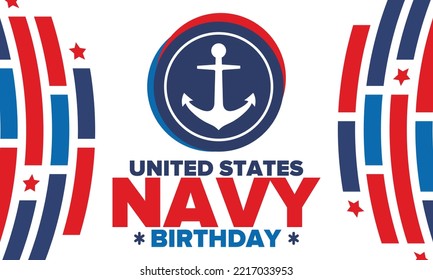 cumpleaños de la NAVY de EEUU. Vacaciones en Estados Unidos. Marina norteamericana - rama de guerra naval de las Fuerzas Armadas. Celebrado anualmente el 13 de octubre. Símbolo de delimitador. Elementos patrióticos. Cartel, tarjeta, pancarta. Vector