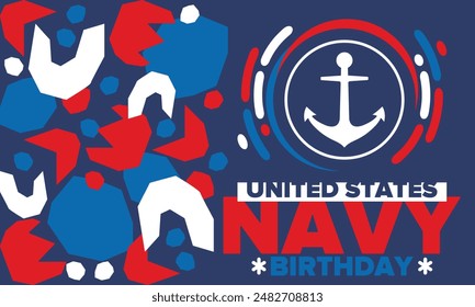 Cumpleaños de la Armada de Estados Unidos. Festiva en Estados Unidos. Armada Americana - rama de guerra naval de las Fuerzas Armadas. Celebrado anualmente el 13 de octubre. Símbolo de anclaje. Elementos patrióticos. Cartel, tarjeta, Anuncio. Vector