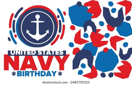 Cumpleaños de la Armada de Estados Unidos. Festiva en Estados Unidos. Armada Americana - rama de guerra naval de las Fuerzas Armadas. Celebrado anualmente el 13 de octubre. Símbolo de anclaje. Elementos patrióticos. Cartel, tarjeta, Anuncio. Vector