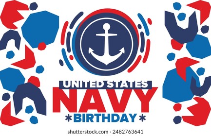 Cumpleaños de la Armada de Estados Unidos. Festiva en Estados Unidos. Armada Americana - rama de guerra naval de las Fuerzas Armadas. Celebrado anualmente el 13 de octubre. Símbolo de anclaje. Elementos patrióticos. Cartel, tarjeta, Anuncio. Vector