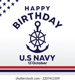 Us navy birthday on october 13th flat design vector with blue anchor, perfect for office, banner, company, landing page, background, social media wallpaper and more