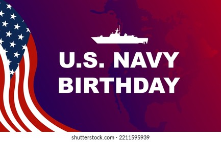 U.S. Navy Birthday Poster With War Ship Icon And Gradient Blue And Red Color Background. Suitable To Use On U.S. Navy Birthday Event