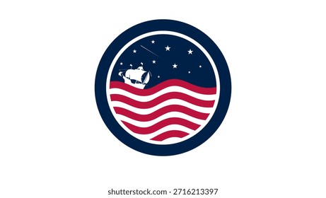 Logotipo de la bandera de la Armada de los Estados Unidos. Un barco cruzando el océano en un paisaje nocturno.