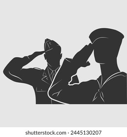 US Navy sailor and Soldier saluting silhouette. Vector illustration	