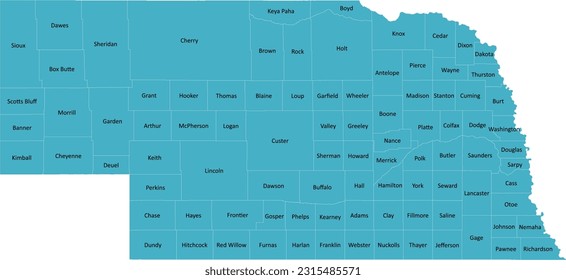 US Nebraska county map with 93 Counties’ Names and Boundaries, all text in one layer could be hidden.