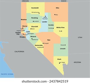 US Nevada State Map with 16 counties and one independent city