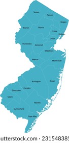 US New Jersey county map with 21 Counties’ Names and Boundaries, all text in one layer could be hidden.