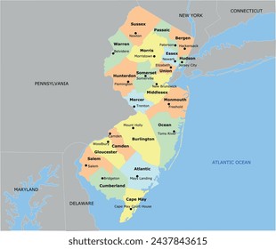 Mapa del estado de Nueva Jersey con 21 condados