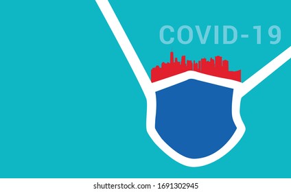 US New York city skyline covered with medical mask. Coronavirus and quarantine concept