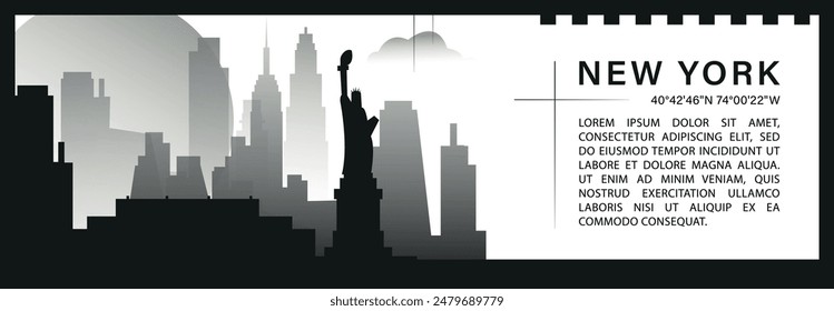 US New York city skyline vector banner, black and white minimalistic cityscape silhouette. USA NY state horizontal graphic, travel infographic, monochrome layout for website