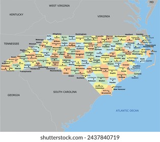 US North Carolina State Map with 100 counties