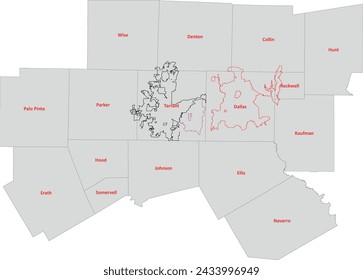 US North Central Texas County Map with Dallas–Fort Worth–Arlington City Limits