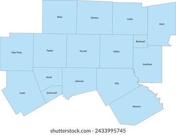 US North Central Texas State Map with 16 counties including Collin, Dallas, Denton, Ellis, Erath, Hood, Hunt, Johnson, Kaufman, Navarro, Palo Pinto, Parker, Rockwall, Somervell, Tarrant, Wise