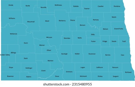 US North Dakota county map with 53 Counties’ Names and Boundaries, all text in one layer could be hidden.